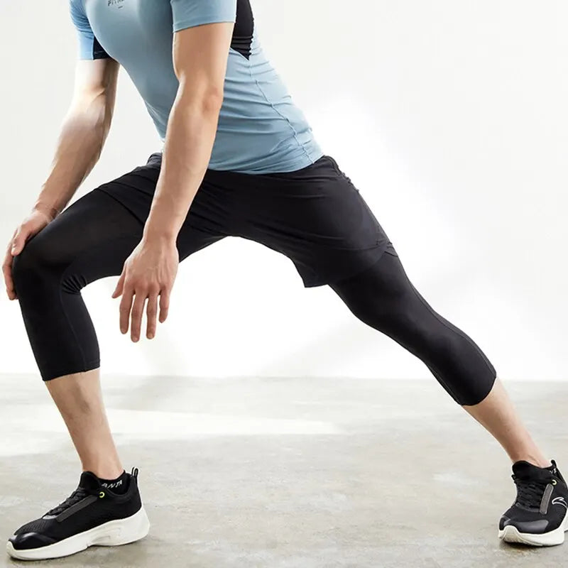 Men's Running Sports Compression Cropped Leggings Gym Fitness Sportswear Athletic Tights