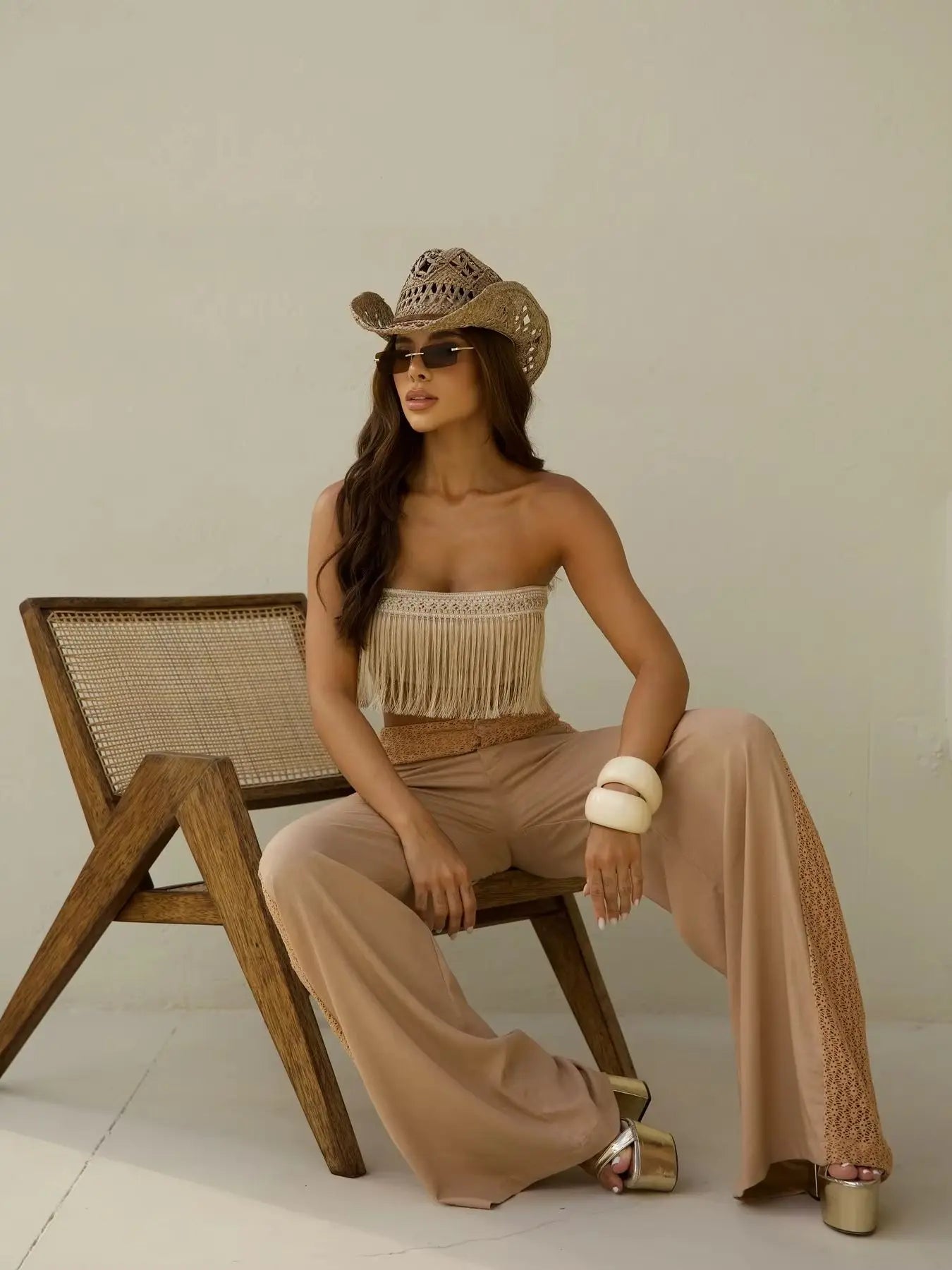 Women's Tassel Two Piece Wide-Leg Pants Summer and Tube Top Set