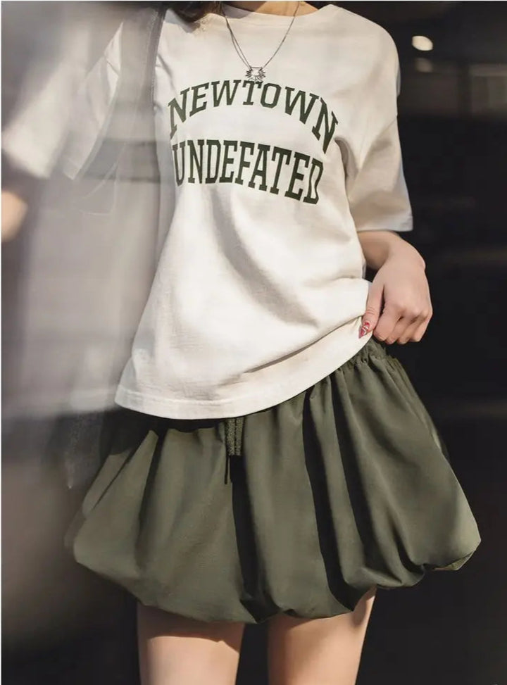 Women's Casual Green Bubble Hem Mini Summer Drawstring Waist Lantern A-Line Versatile Floral Petal Short Skirt