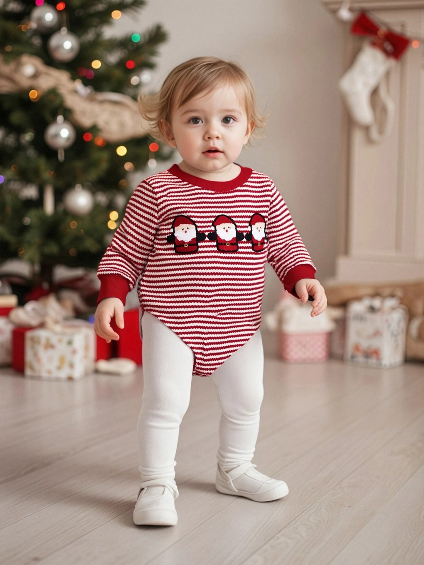 Baby Christmas Romper - Long Sleeve Stripes Print Xmas Embroidery Bodysuit