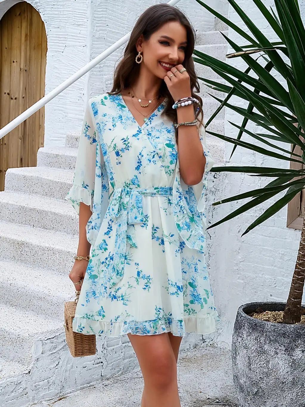 Women's Autumn Winter Half Sleeve Flower Print Elegant V-neck Casual A-Line Knee-Length High Waist Dress
