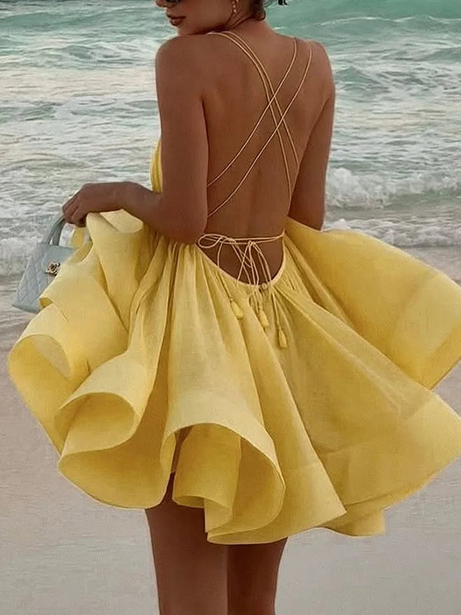 Women's A-Line Backless Mini Dress - V-Neck Bandage Summer Beachwear