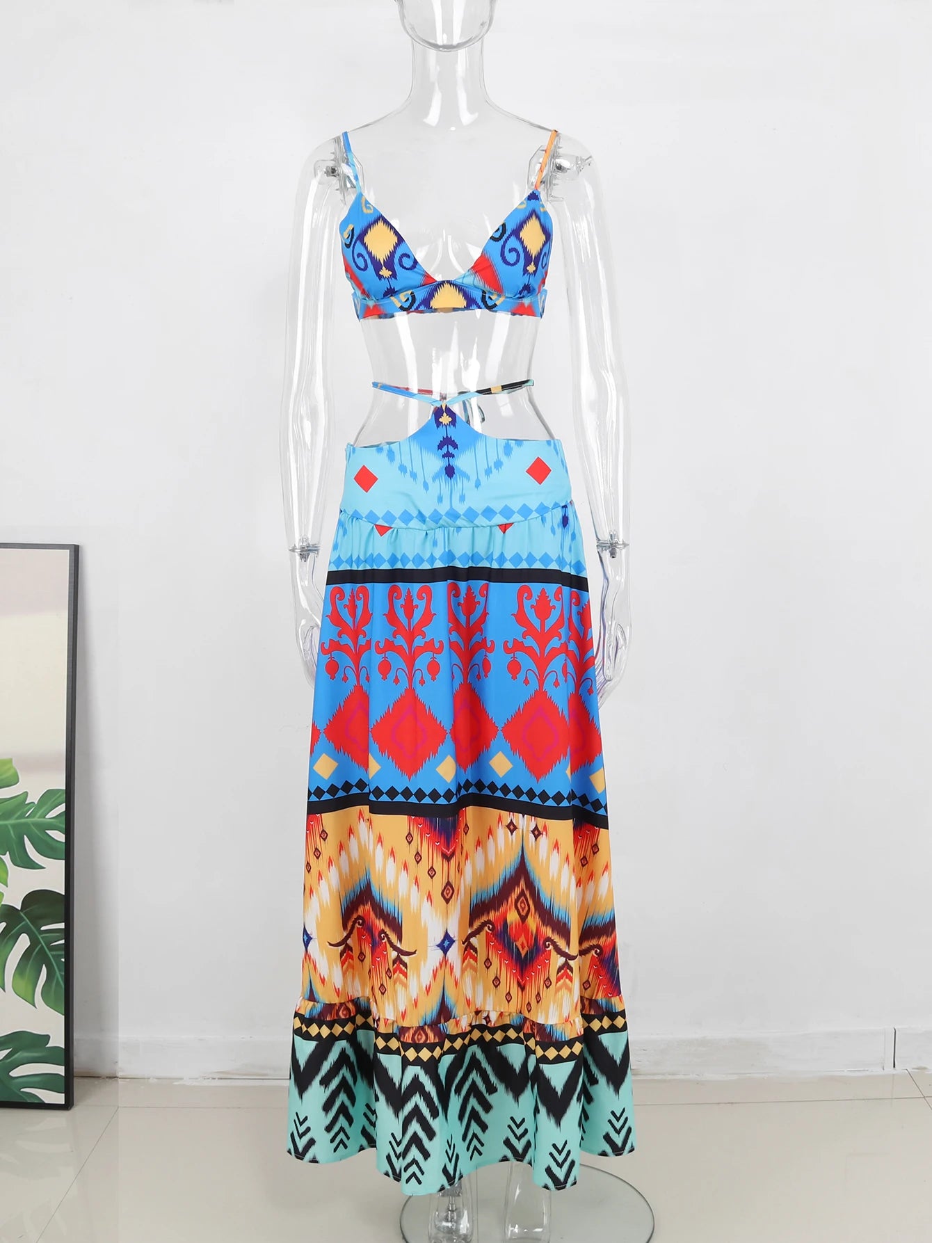 Women's Print Beach Two Piece Skirt White Bra High Waist A-line Long Skirt Beach Set
