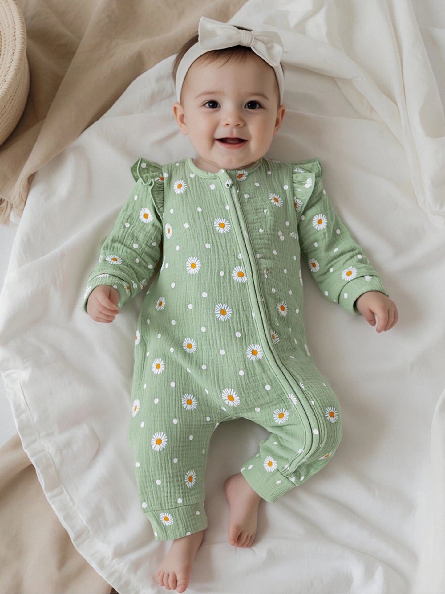 Baby Girls Fall Jumpsuit - Long Sleeve Flower Print Zipper Romper (0-18M)