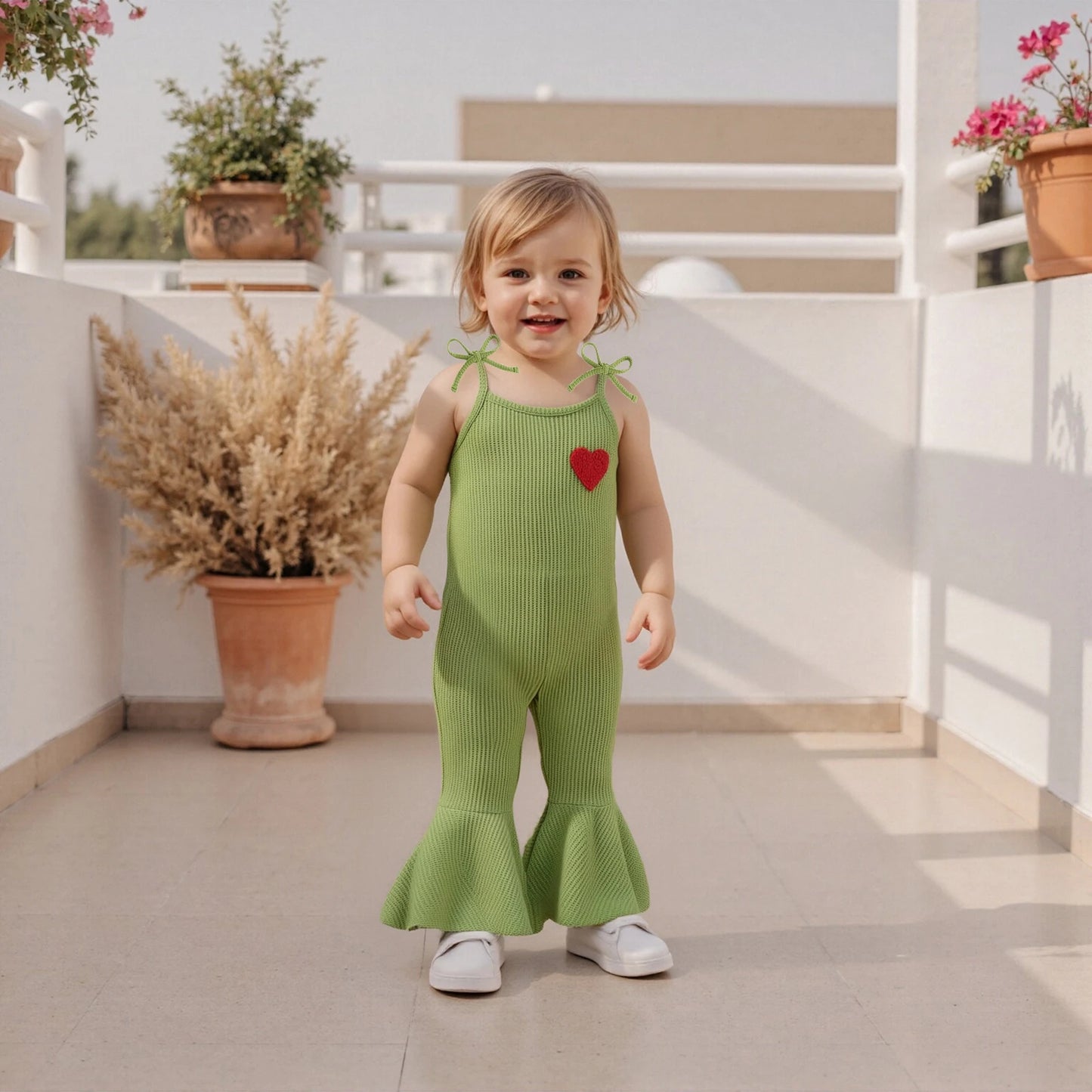 Toddler Girls' Christmas Flare Pants Romper - Heart Embroidery Sleeveless Bell Bottom Overalls