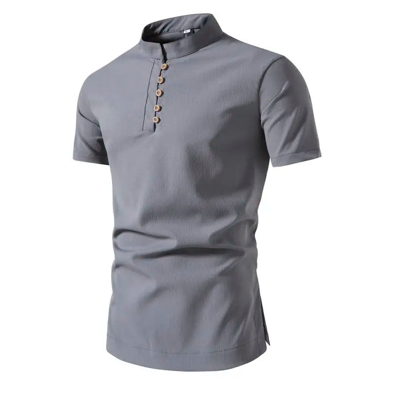 Men's Summer Stand Collar Short Sleeve Casual Slim Fit Pullover Shirt