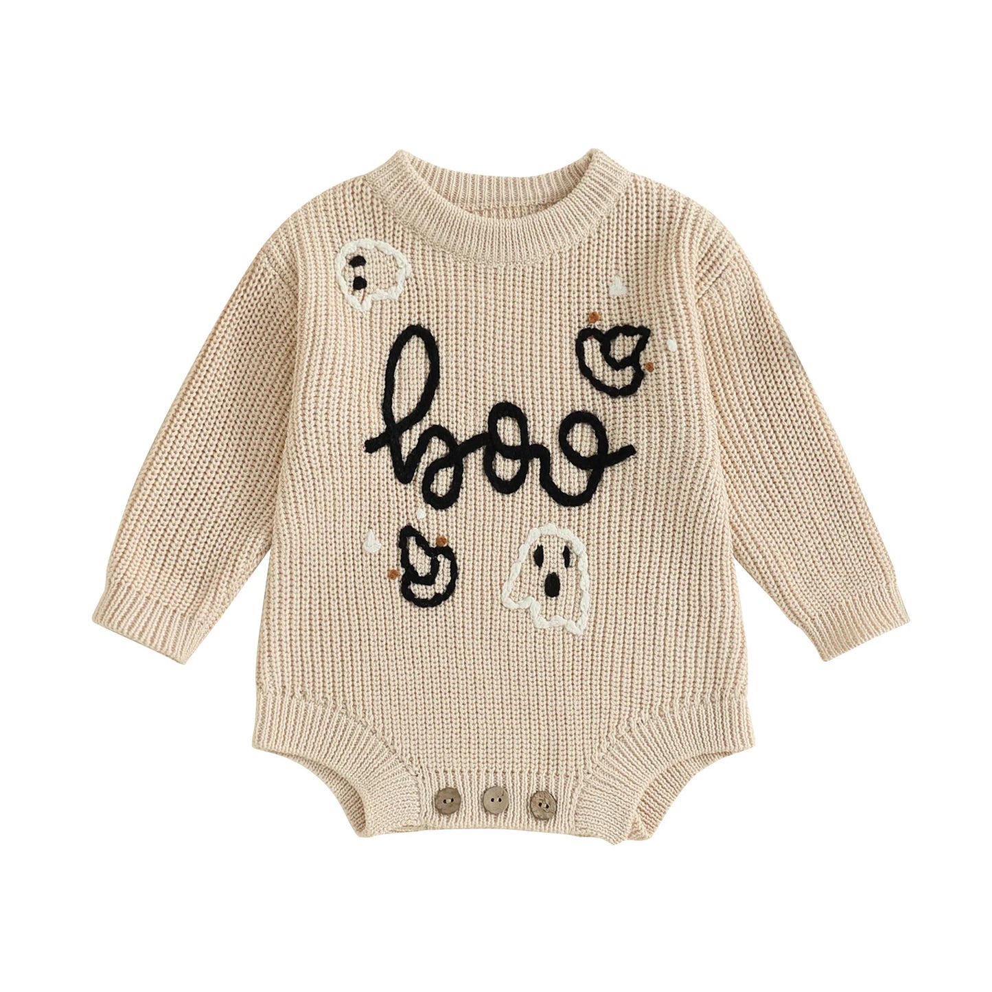 Newborn Baby Halloween Sweater Romper - Ghost Letter Embroidered Long Sleeve Jumpsuit