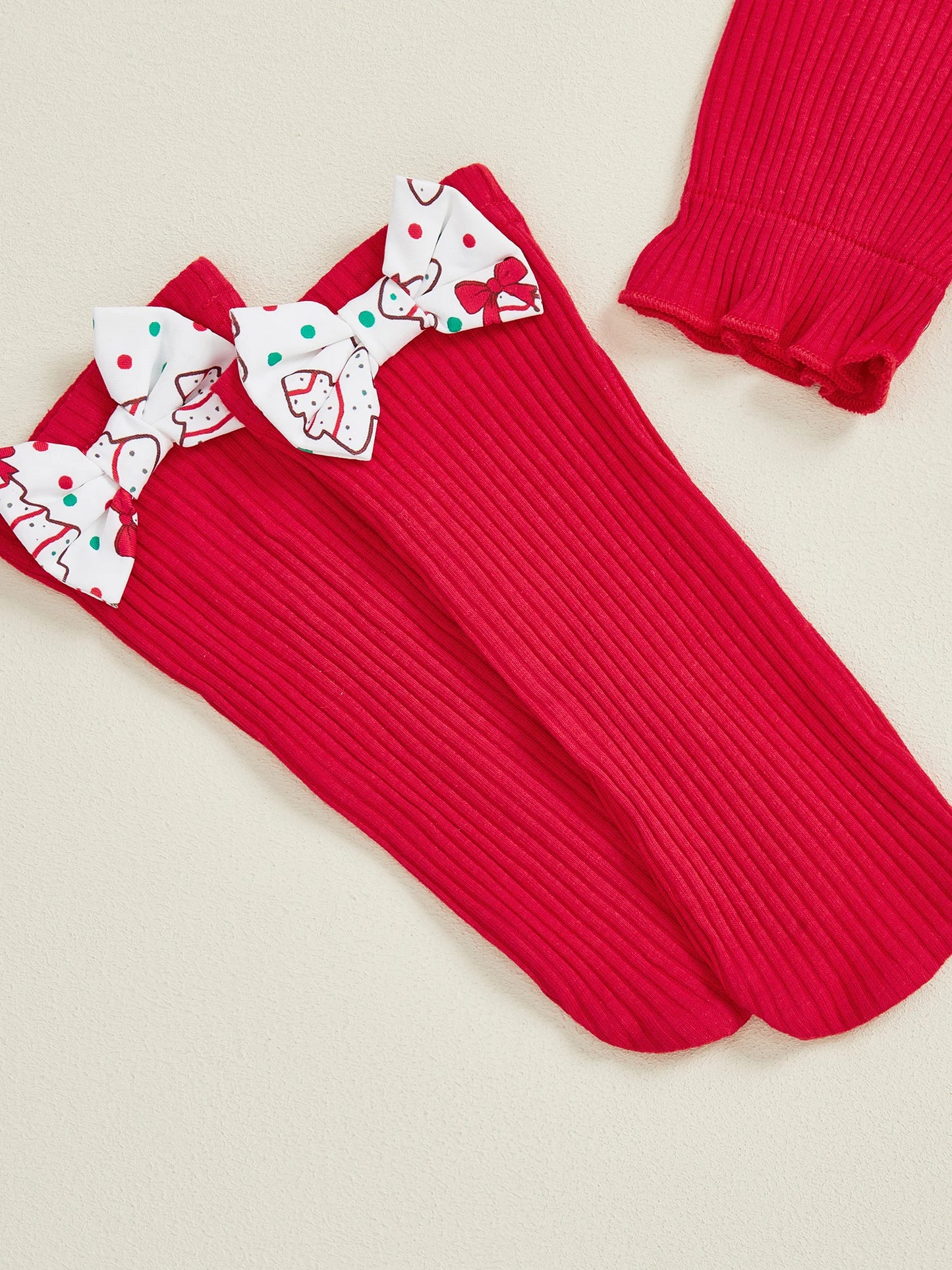 Baby Girls Christmas Romper Set - Santa Tree Bow Print Long Sleeve Ruffle Jumpsuit with Headband & Socks