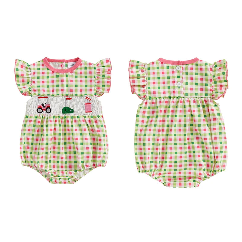 Baby Girls Car Embroidery Romper - Ruffles Fly Sleeve Smocked Jumpsuit (0-18M)
