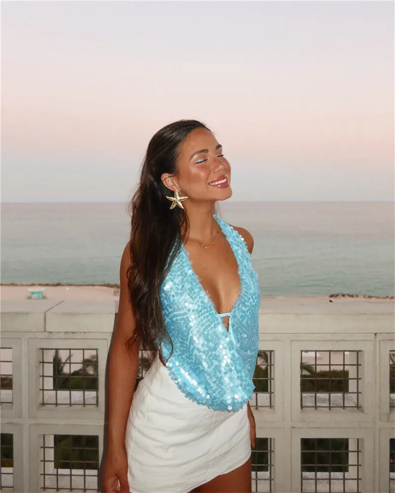 Women's Halter Deep V Neck Sequins Tank Cropped Top