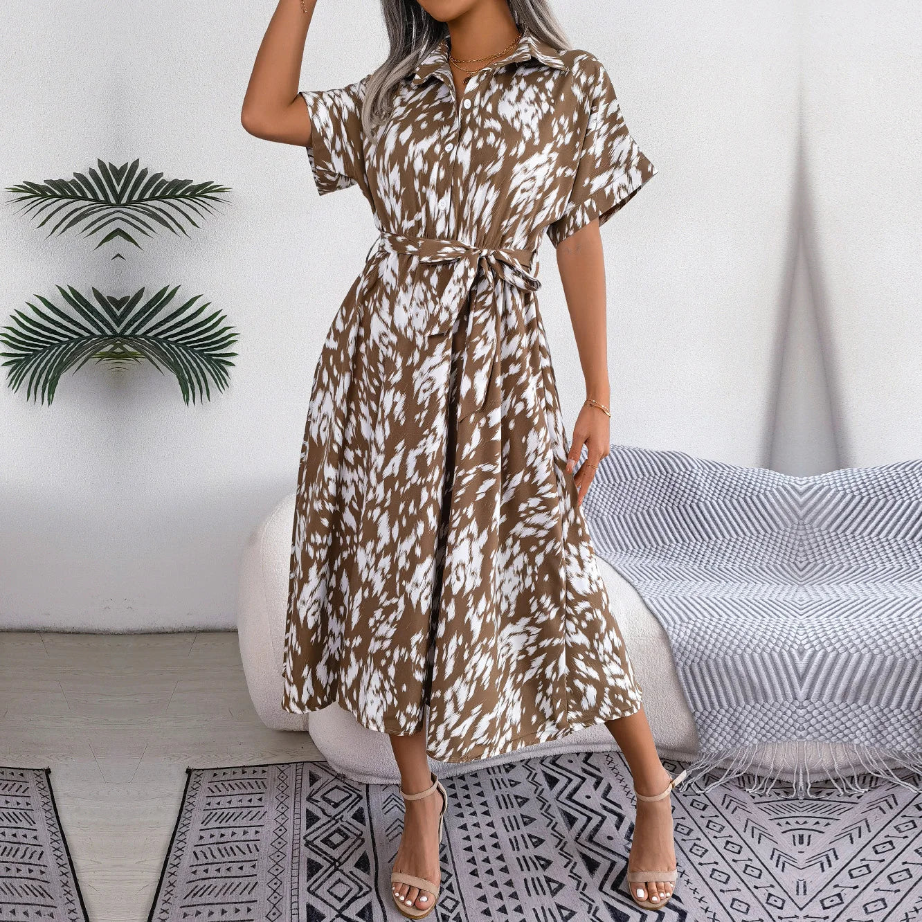 Women's Summer Casual Loose Leopard Lace Up Shirt Chic Dress