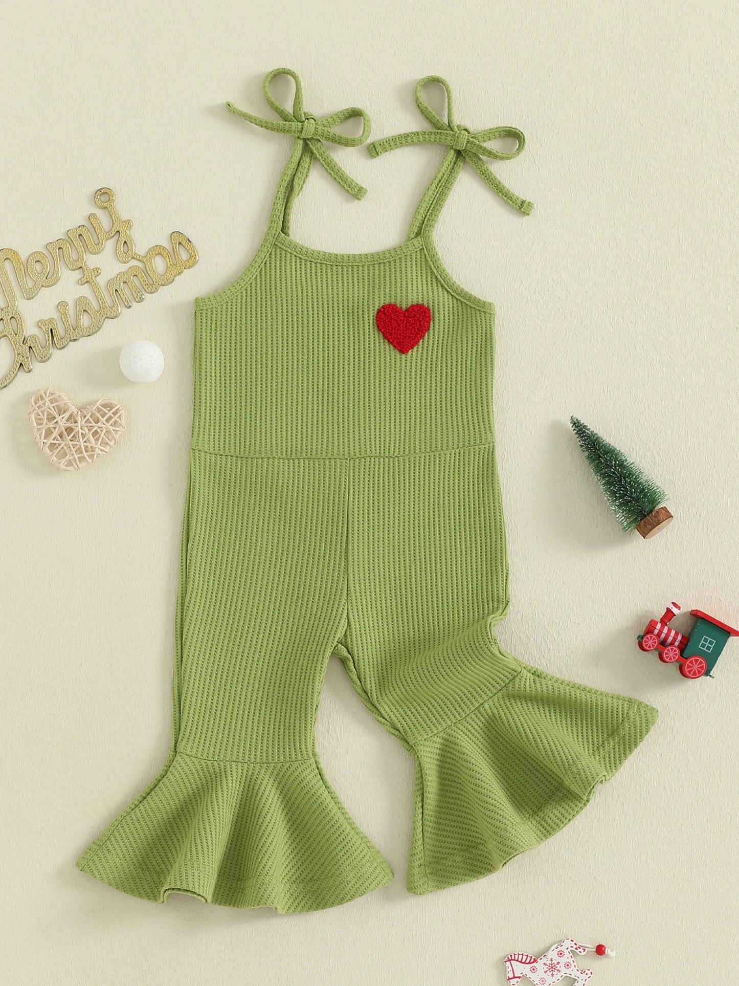 Toddler Girls' Christmas Flare Pants Romper - Heart Embroidery Sleeveless Bell Bottom Overalls