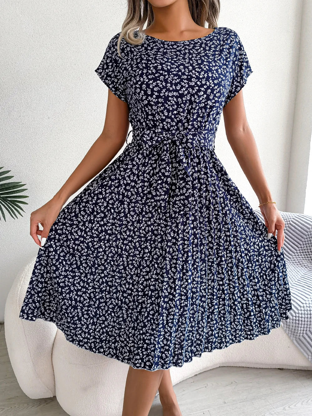 Women's Floral Pleated A Line Long Spring Summer Short Sleeve High Waist Chic Dress
