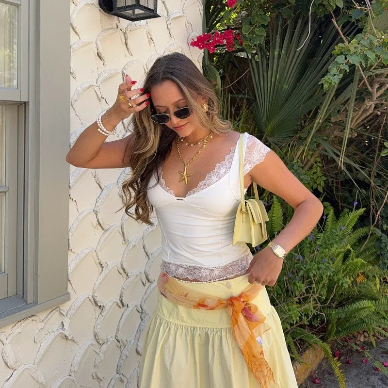 Women's Summer White Lace Trim Top V Neck Cropped Tops Solid Clothes Basic Casual T-shirt