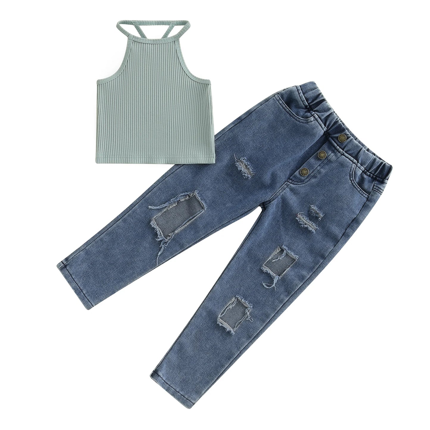 1-6Y Kids Girls Summer Clothes Sets Ribbed Halter Tank Tops and Elastic Ripped Denim Pants