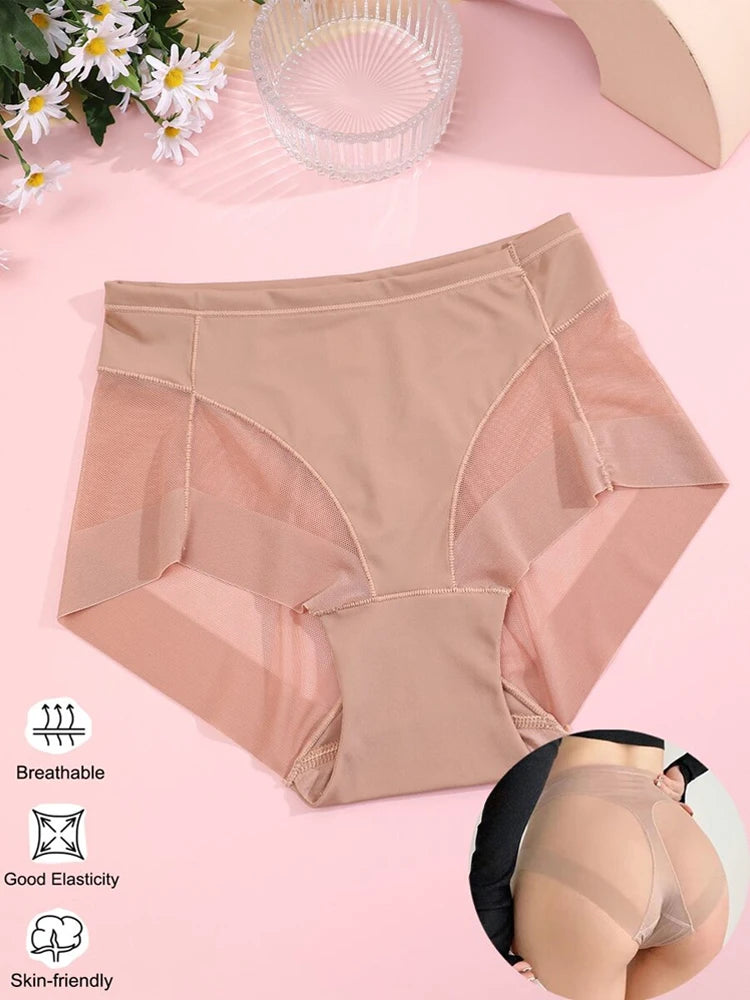 Mesh Hollow Out Underwear - Women Mid Waist Plus Size Panties Tight Waistband and Lifting Buttocks Briefs