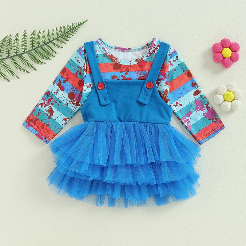 Girl's Halloween Outfit Set - Stripe Print Top & Lace Tulle Suspender Skirt