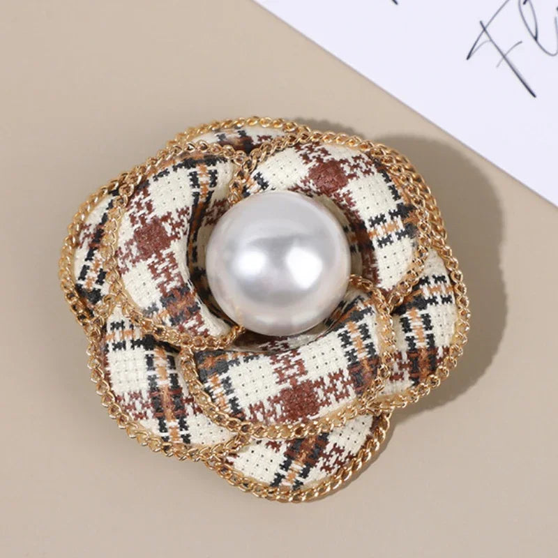 Elegant Fabric Camellia Flower Brooch - Pearl Crystal Lapel Pin for Women