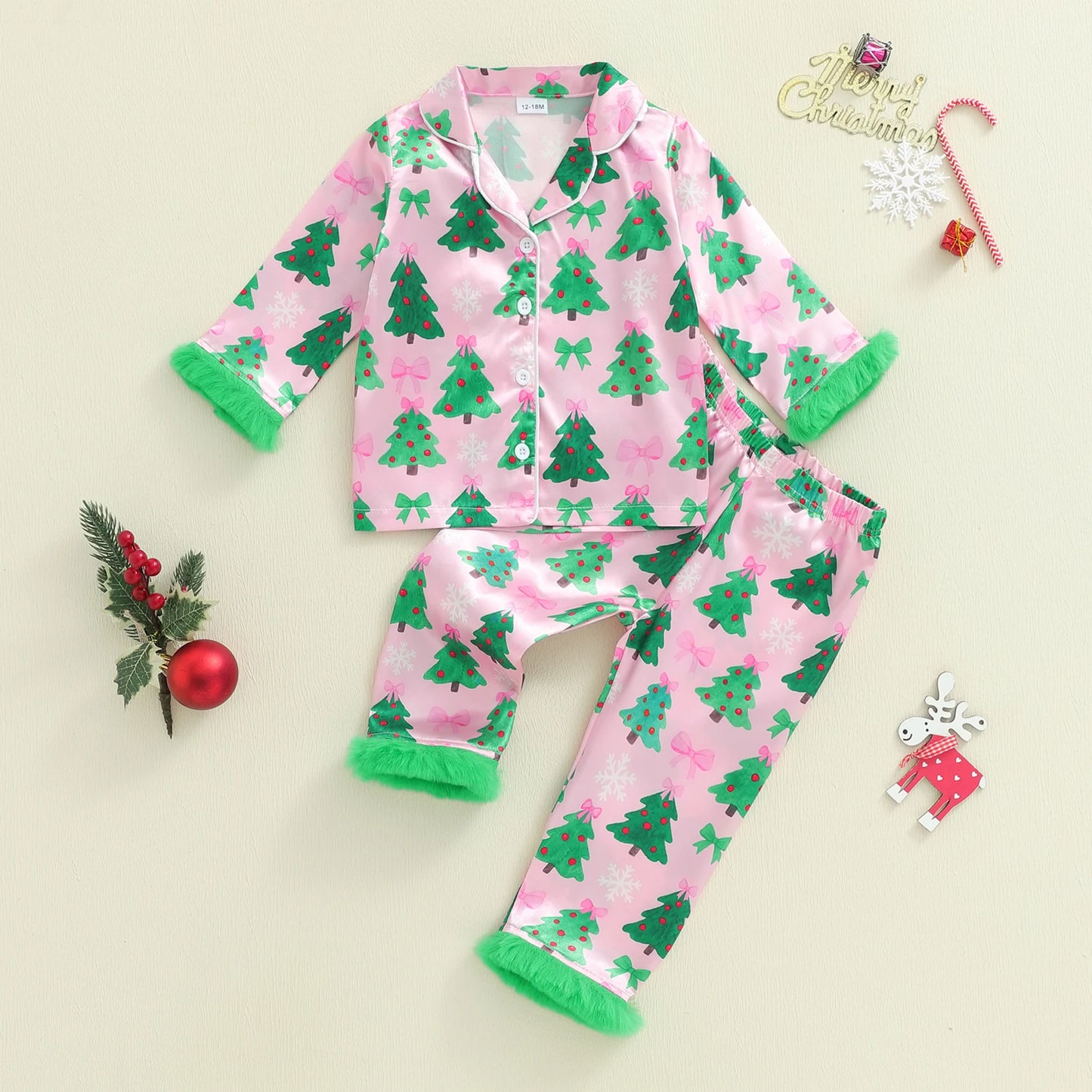 Kids Girls Christmas Satin Pyjamas Set - Tree Print Button Down Top & Pants (0-7Y)