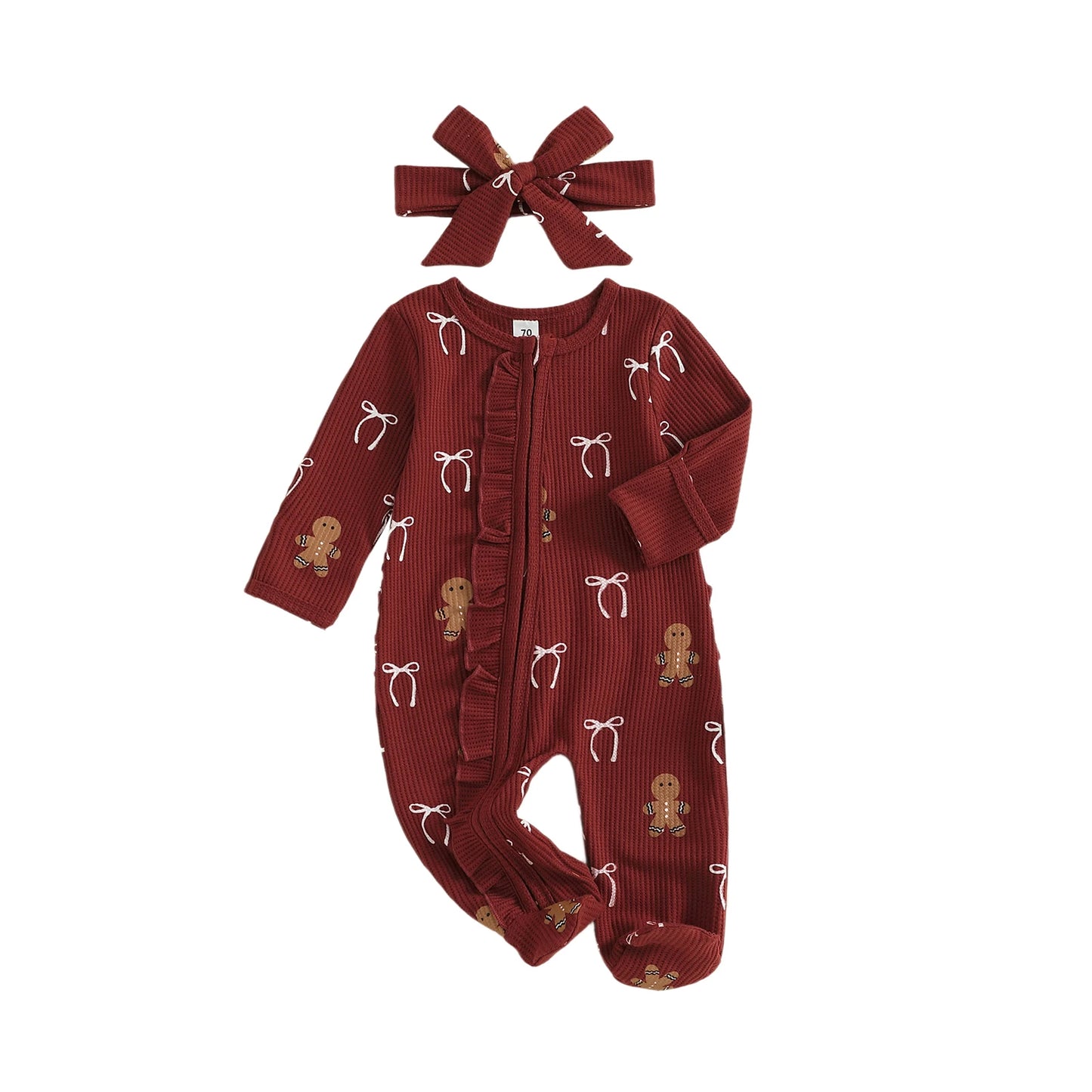 Baby Christmas Romper Set - Candy Cane/Gingerbread Print Oblique Zipper Jumpsuit & Headband
