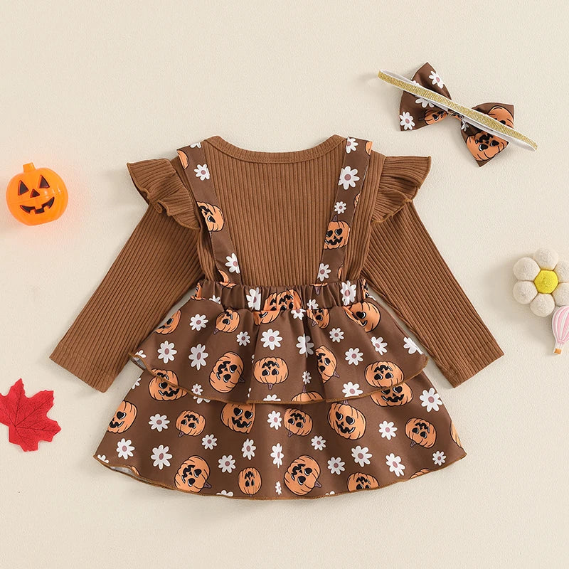 Baby Girl's Halloween Outfit Set - Ribbed Romper, Pumpkin Suspender Skirt & Bow Headband
