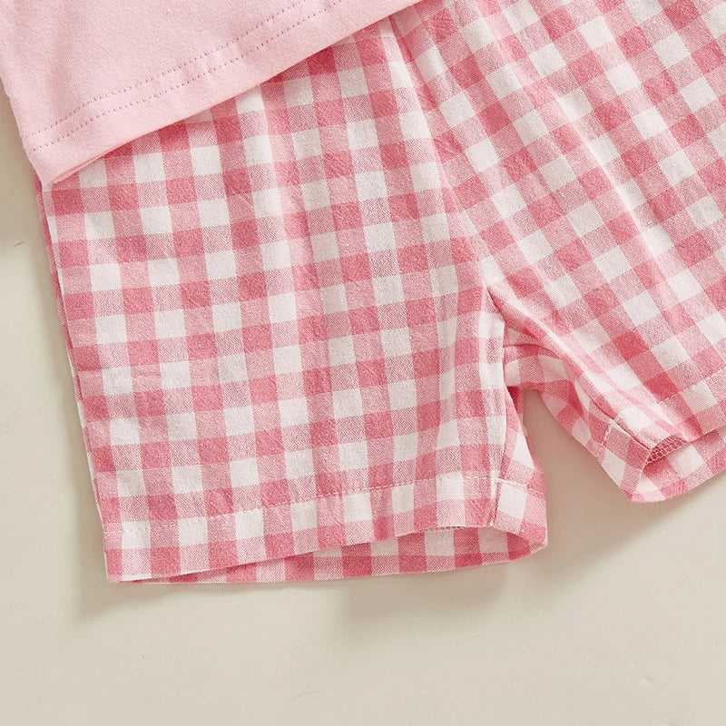 0-4Y Kids Girls Summer Clothes Sets 2pcs Outfits Short Sleeve Letter Bow Embroidery T Shirts Plaid Shorts Sets