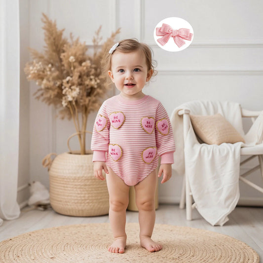 Baby Valentine's Day Romper Set - Striped Heart Embroidery with Headband