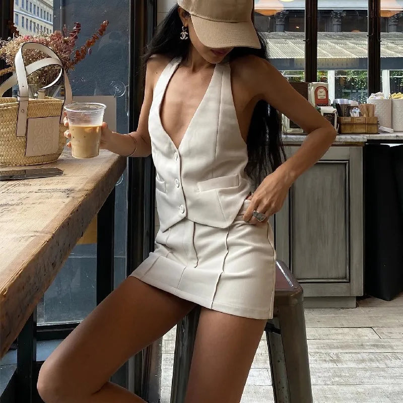 Women's Halter Deep V Cute Co-ord Set Elegant Outfits Single Breasted Waistcoat Top and Skirt 2 Piece Set