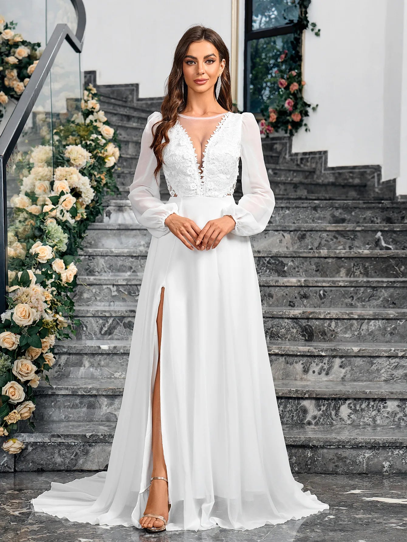 Women's Long Sleeve Deep V Neck Lace Backless Floor Length Dress