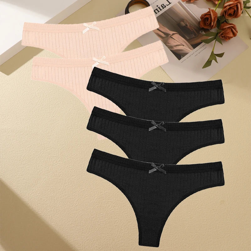 Women's Cotton Bow Tie Underwear 5-Pack - Ribbed Striped Low Waist Thongs