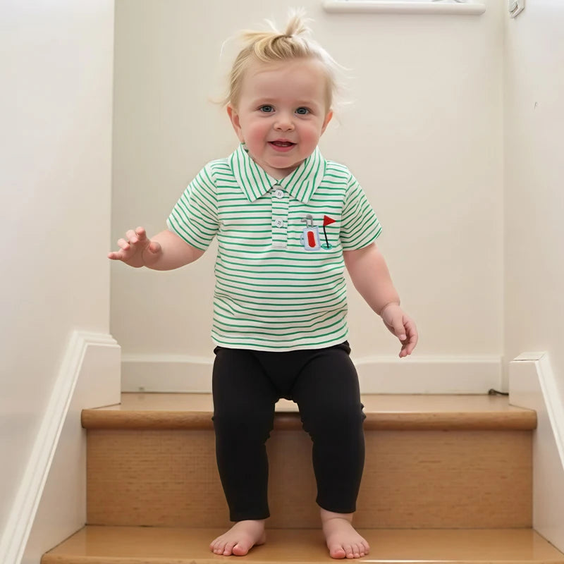 0-4Y Toddler Kids Boys Summer T Shirts Short Sleeve Casual Golf Embroidery Striped Print Pullover Top