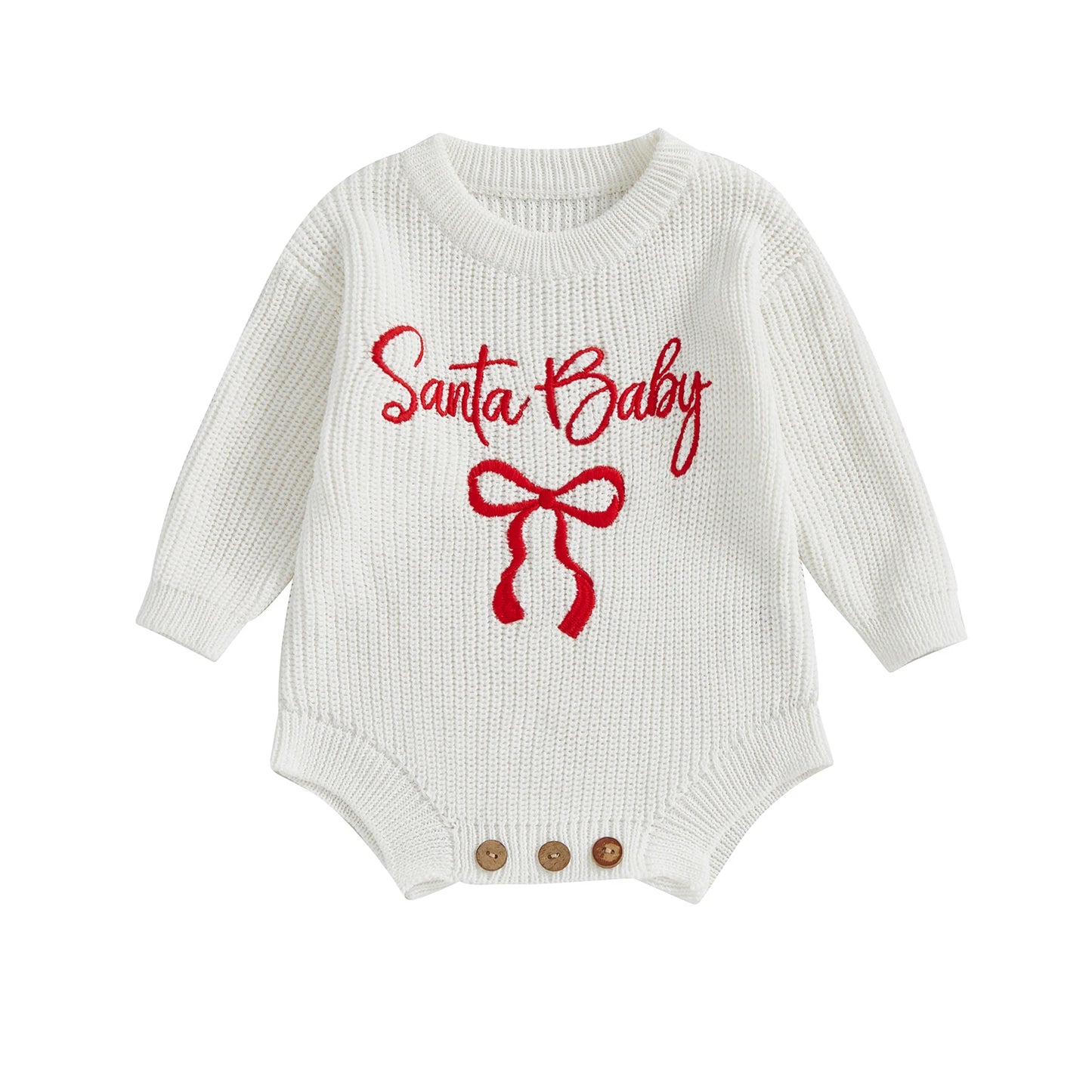 Baby Christmas Romper Sweater - Letter Bow Embroidery Ribbed Long Sleeve