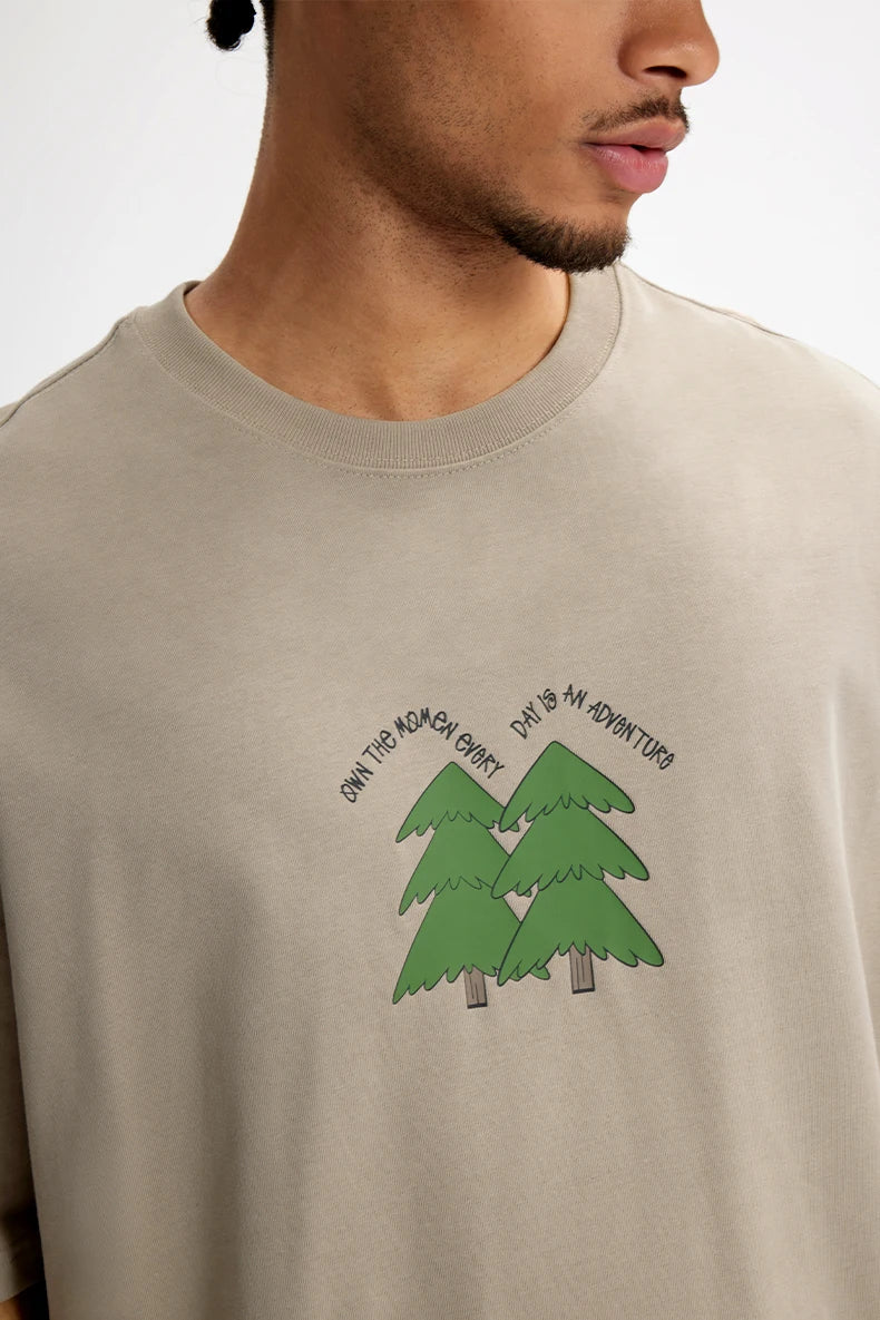 Unisex 265G Pine Tree Puff Print Heavyweight oversize Casual Pure Cotton Short Sleeve T-Shirt