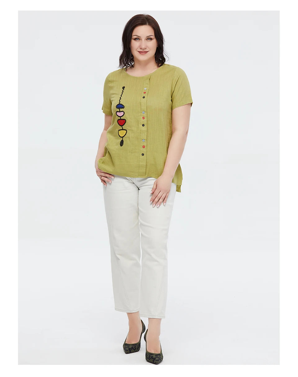 Women's Summer Cotton Linen Oversized Short Sleeve Sequins Button Top