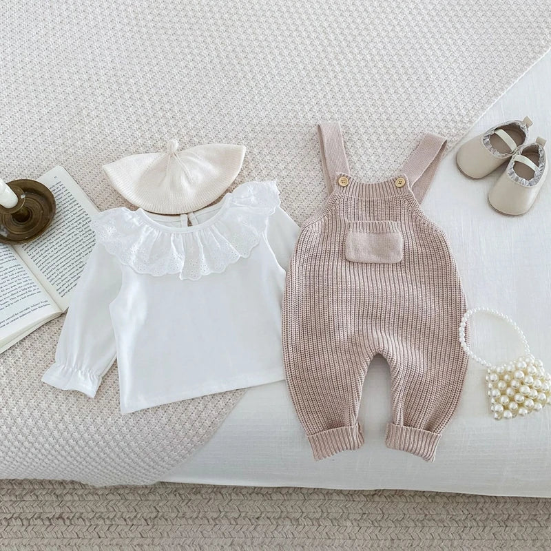 0-3Y Baby Boys Girls Overalls Jumpsuits Sleeveless Front Pocket Solid Colour Knitted Romper Outfit