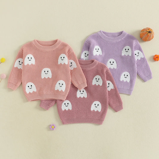 Kids Halloween Knit Sweater with Ghost Embroidery (0-4Y)
