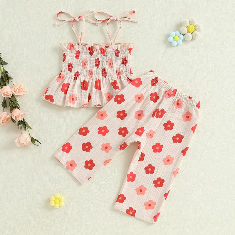 0-4Y Kids Girls Clothes Set Flower Print Sleeveless Lace Up Pleated Camisole with Trousers 2pcs Set