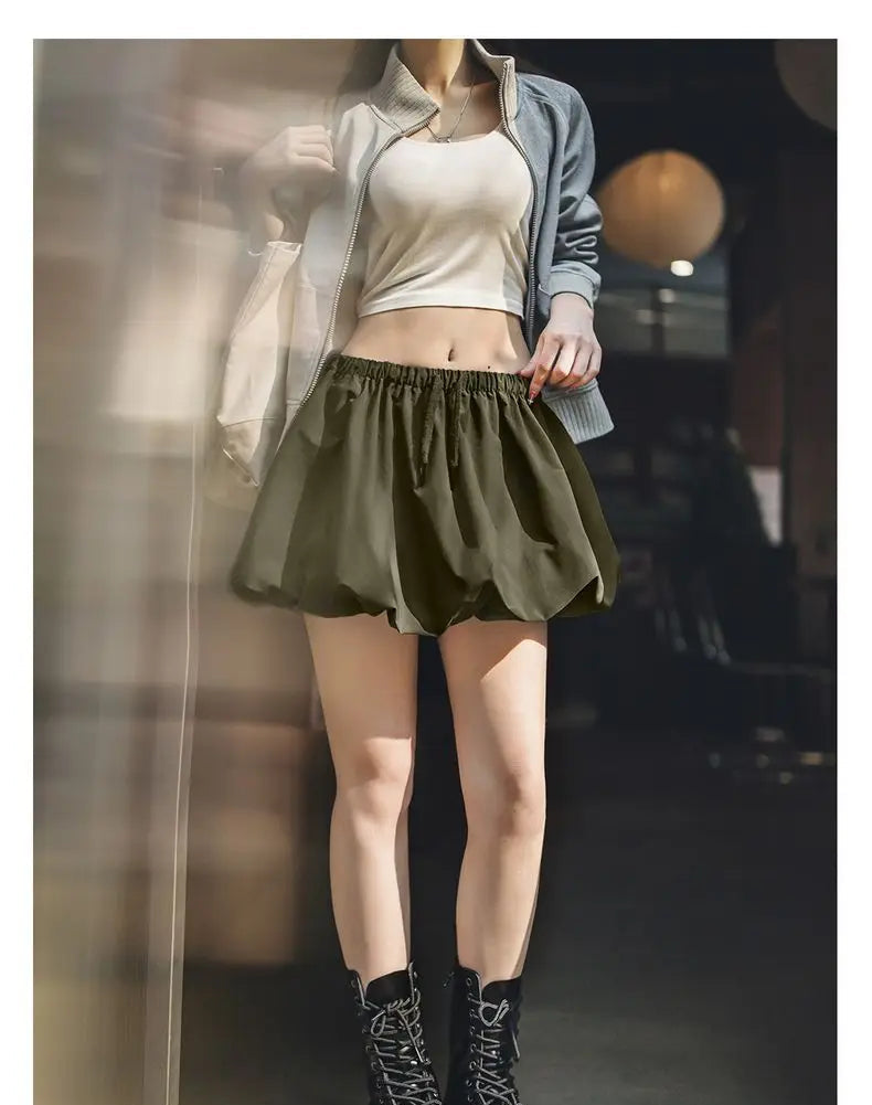 Women's Casual Green Bubble Hem Mini Summer Drawstring Waist Lantern A-Line Versatile Floral Petal Short Skirt