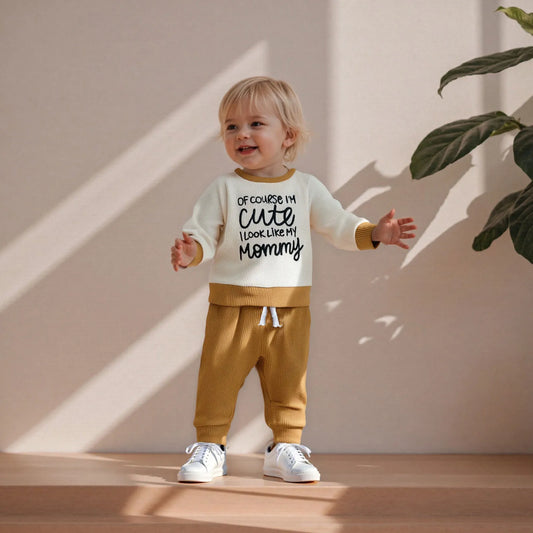 Baby Boys Letter Print Outfit Set - Long Sleeve Crew Neck Sweatshirt & Elastic Waist Pants (0-3Y)