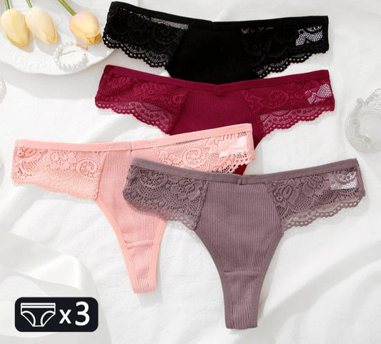 Cotton Lace Thongs - 3 Pack Low Waist Bikini Panties