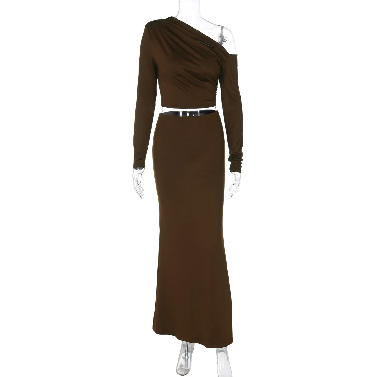 Women's Elegant Ruched 2 Piece Dress Set - Asymmetrical Top & Maxi Skirt