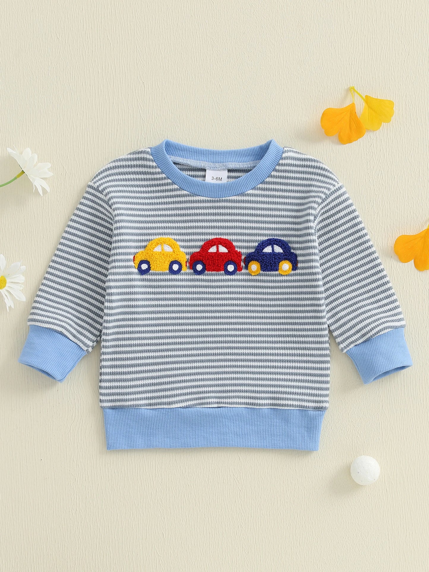 Baby Boys Car/Dinosaur Embroidered Striped Print Pullover Waffle Knit Top