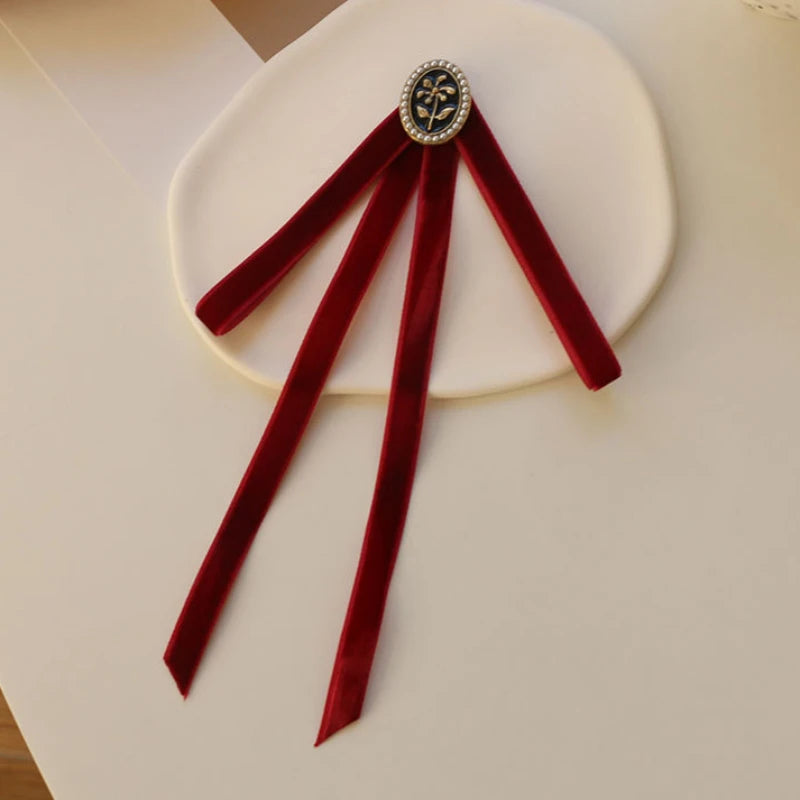 Anime Style Velvet Bow Pearl Brooch - Sweet Academic Pin for Girls