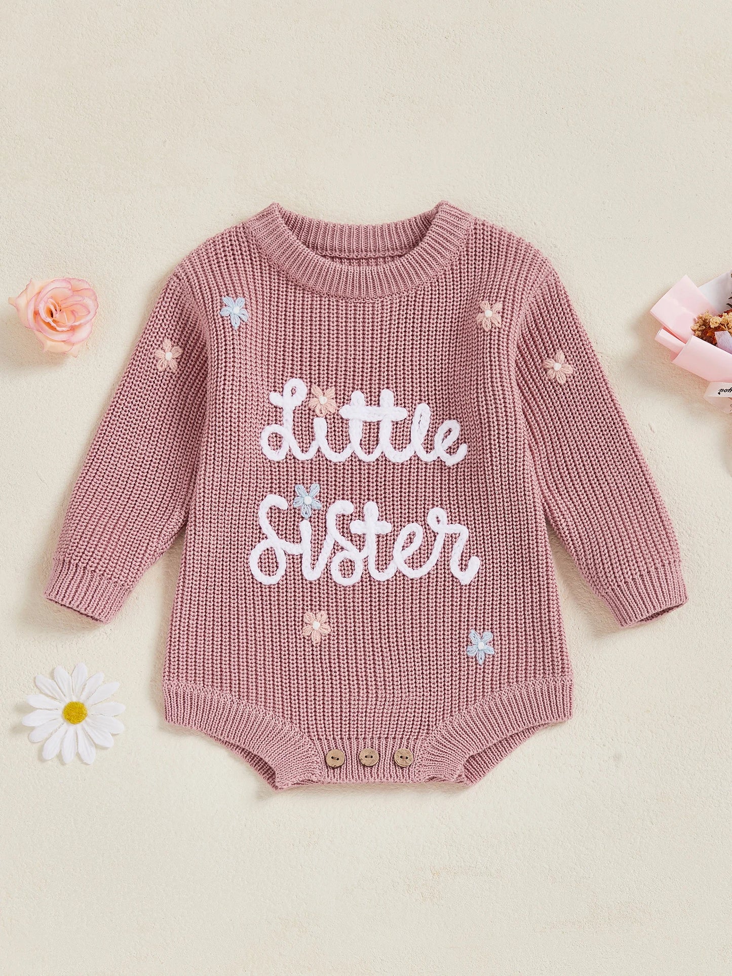Newborn Baby Sweater Romper - Letter Floral Embroidery Round Neck Knit Jumpsuit