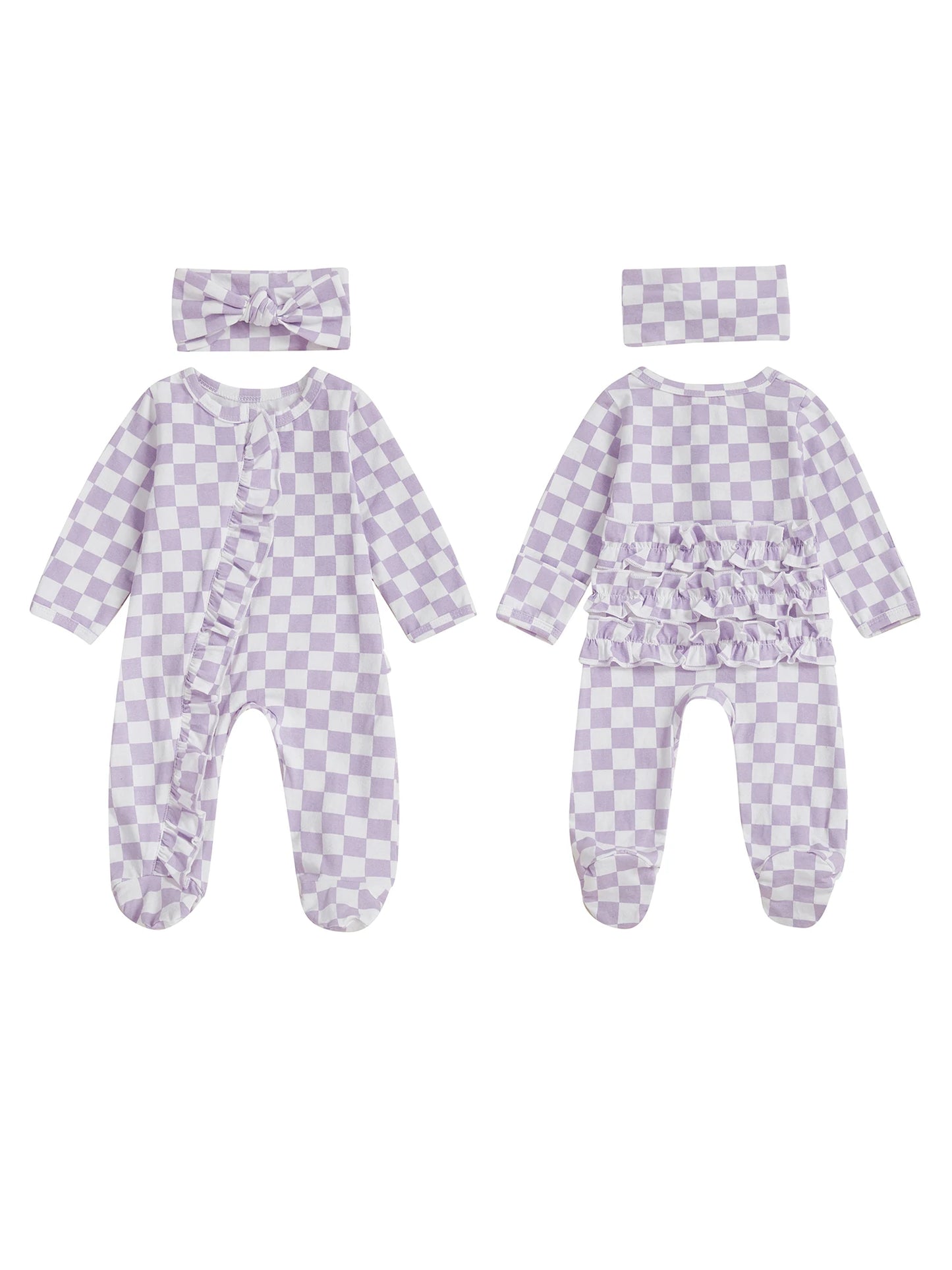 Newborn Baby Footie Set with Headband - Checkerboard Ruffled Zip Front Jumpsuit