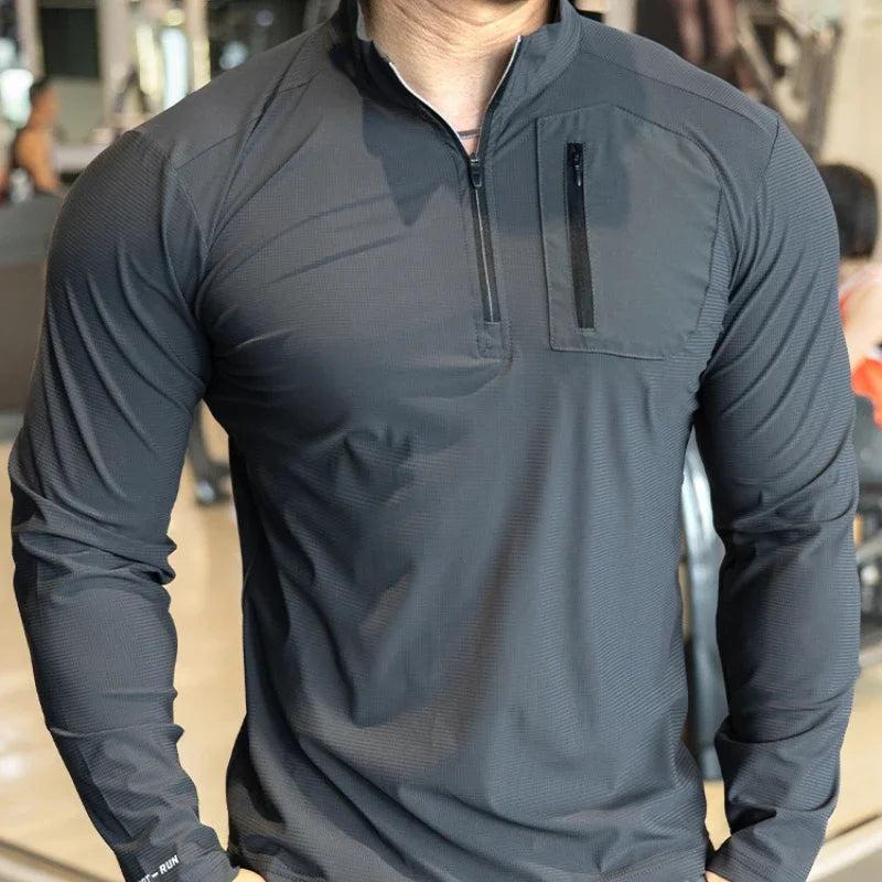 Men's Muscle Workout Sportswear Long Sleeve Running Clothing with Half Zip with Pockets Sports Gym Fitness Compression Shirt
