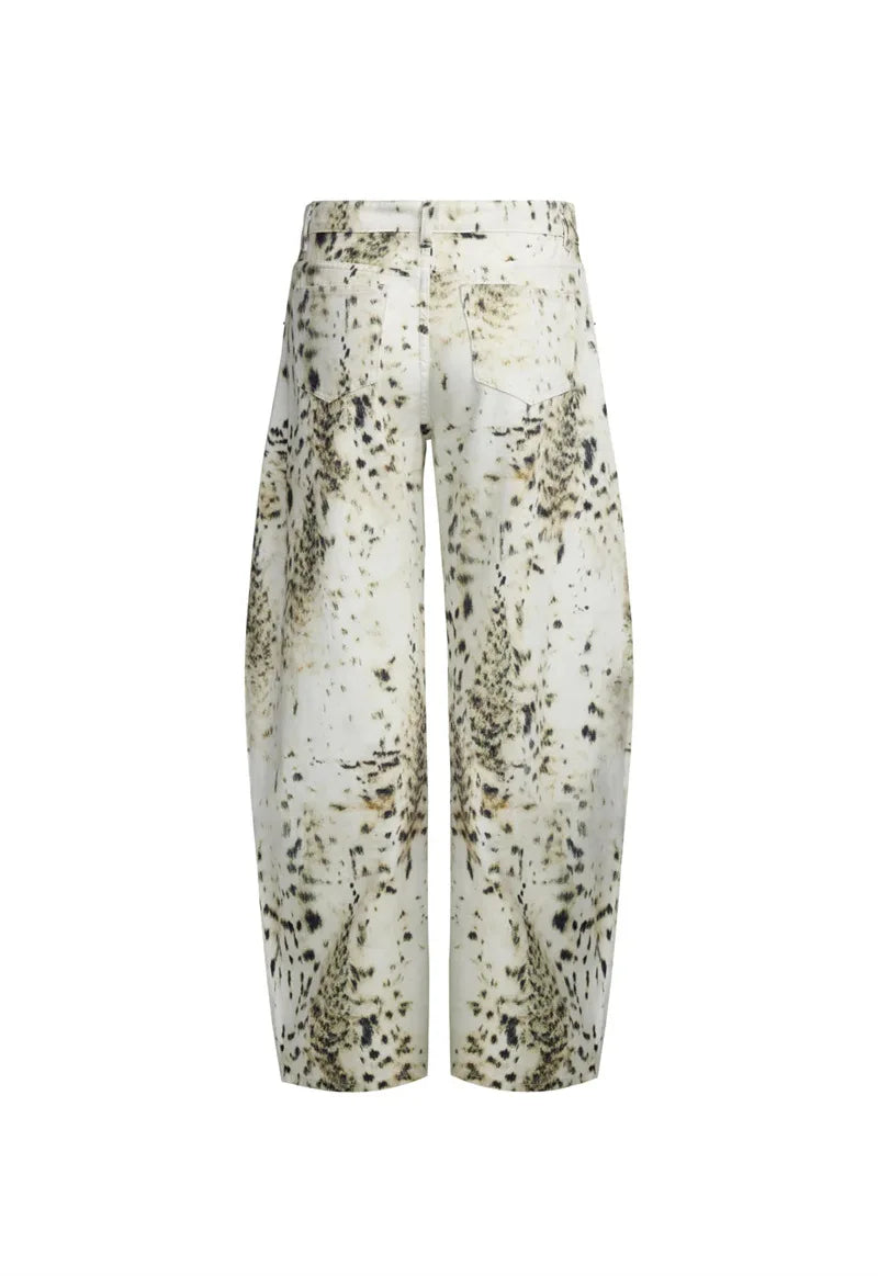 Women's Vintage Leopard Wide-Leg Jeans - Casual Streetwear Straight Pants