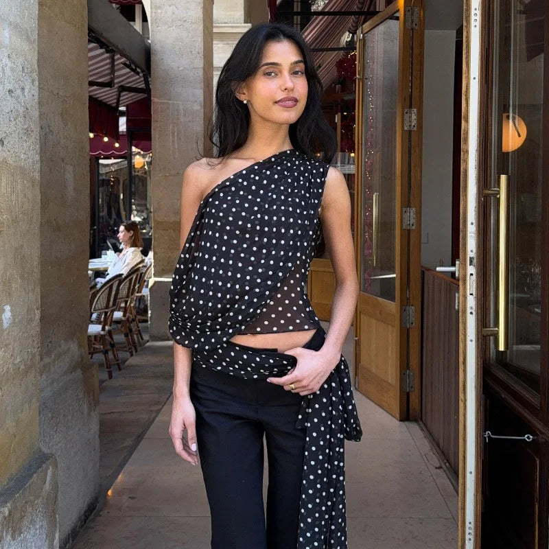 Women's Chiffon Polka Dot Summer Outfit Cropped Asymmetrical Basic Top