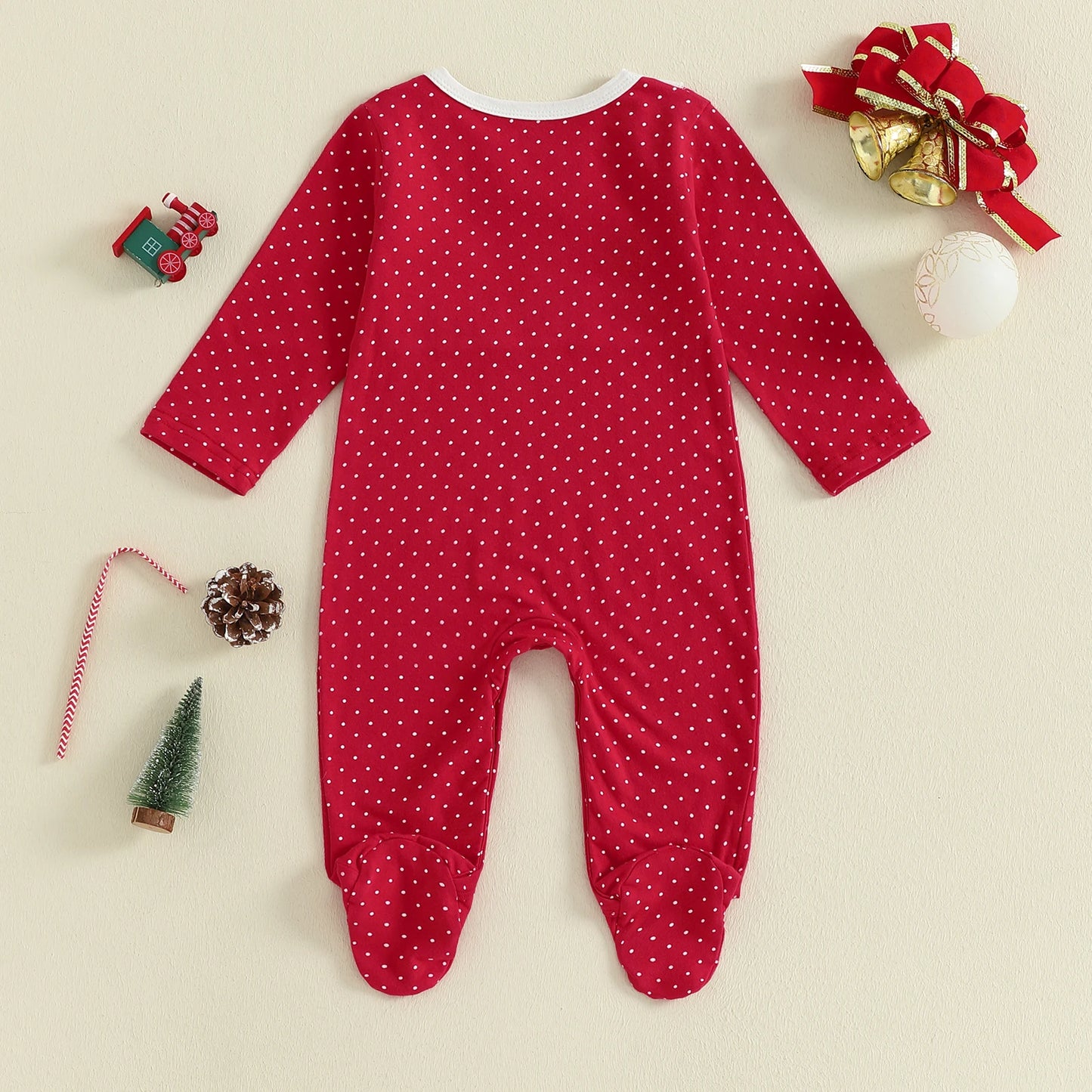 Newborn Baby Girls Christmas Footed Romper - Tree Embroidery Dot Print (0-12M)