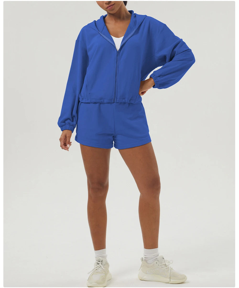 Women's Gym Running Suit Breathable Two Pieces Fitness Yoga Set Long Sleeve Hoodie Shorts Workout Sportswear